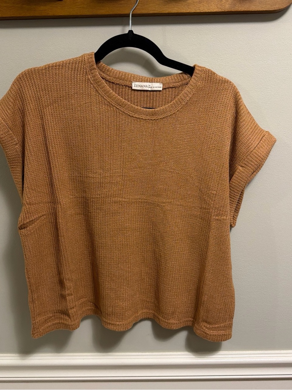 Zenana Outfitters Short Sleeve Waffle Knit Top - Camel Brown with pant set